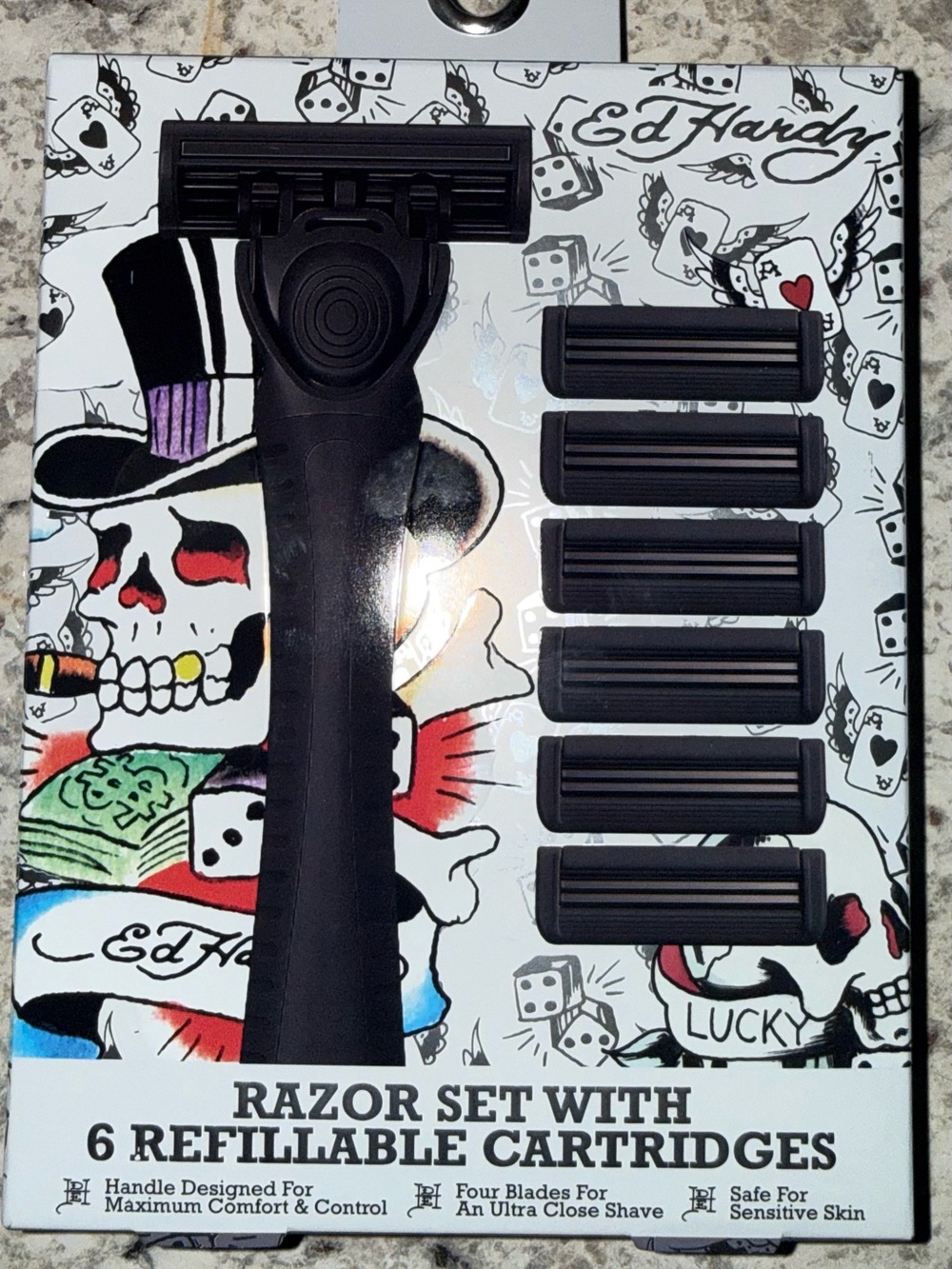 Ed Hardy Black Razor Set with Six Black Refill Cartridges
